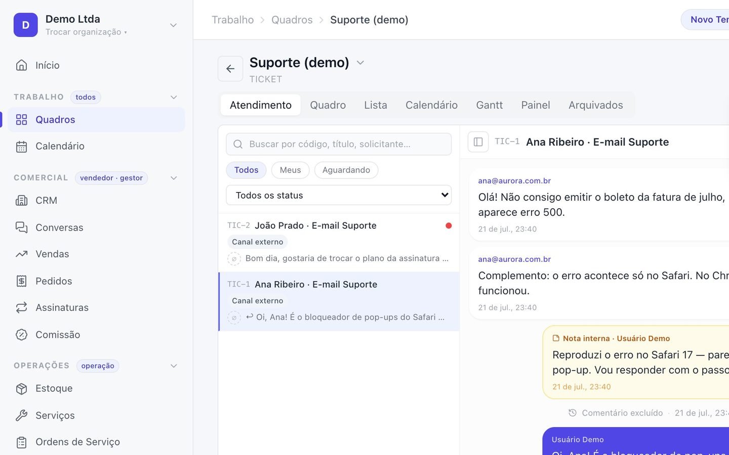Tela de atendimento do Vertsen: lista de chamados à esquerda e a conversa com o solicitante à direita, com nota interna.