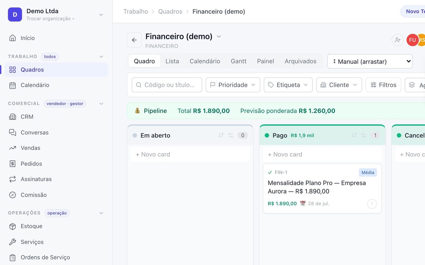 Quadro financeiro do Vertsen com as etapas Em aberto, Pago e Cancelado, total de pipeline e previsão ponderada.